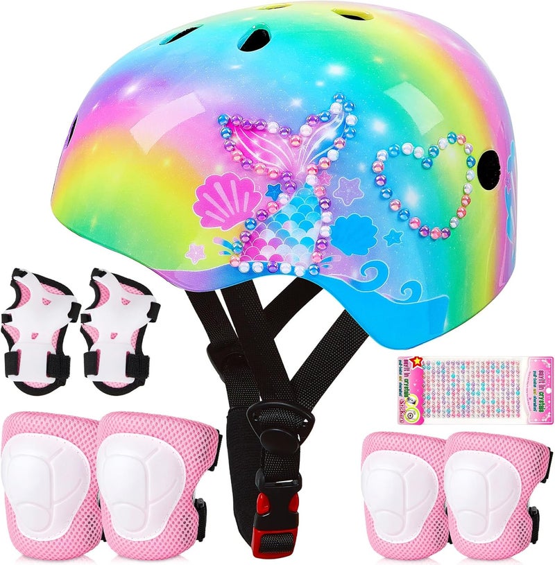 FIODAY Toddler Bike Helmet Kids Helmet Knee Pads and Elbow Pads Set Adjustable Protective Gear Set with DIY Stickers for Girls Age 3-5-8 Years - Image 1